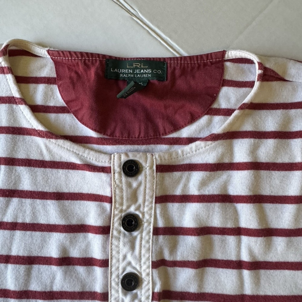 Lauren Ralph Lauren Women's Top Medium Red Cream Striped Cotton Button Nautical